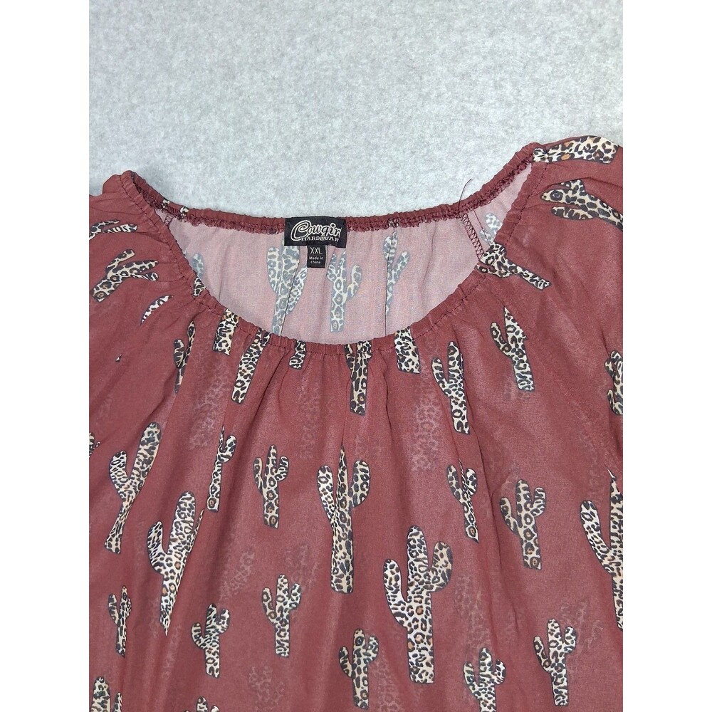 Cowgirl Hardware 3/4 Flutter Sleeve Sheer Blouse XXL Brown Leopard Catus Western - Picture 3 of 13